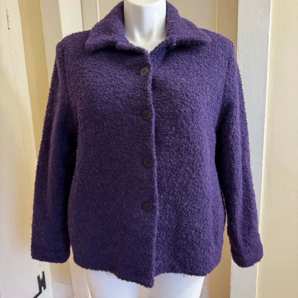 Eileen Fisher Boucle Wool Buttoned Jacket | Large | Purple